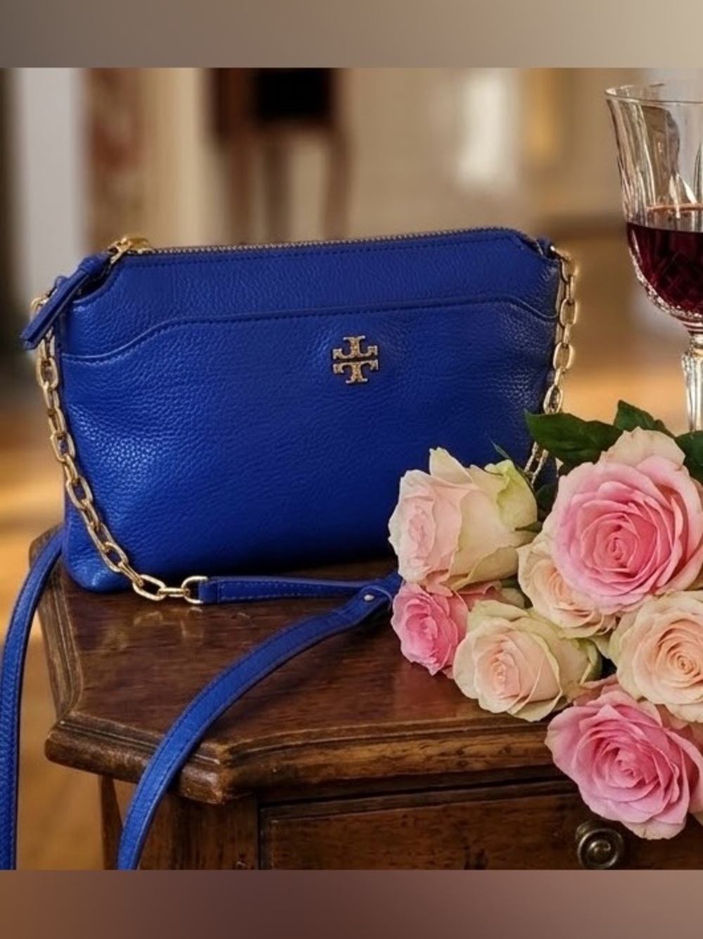 NWT Tory Burch Mercer Chain Crossbody Bag Pebbled Leather Cobalt Royal Blue